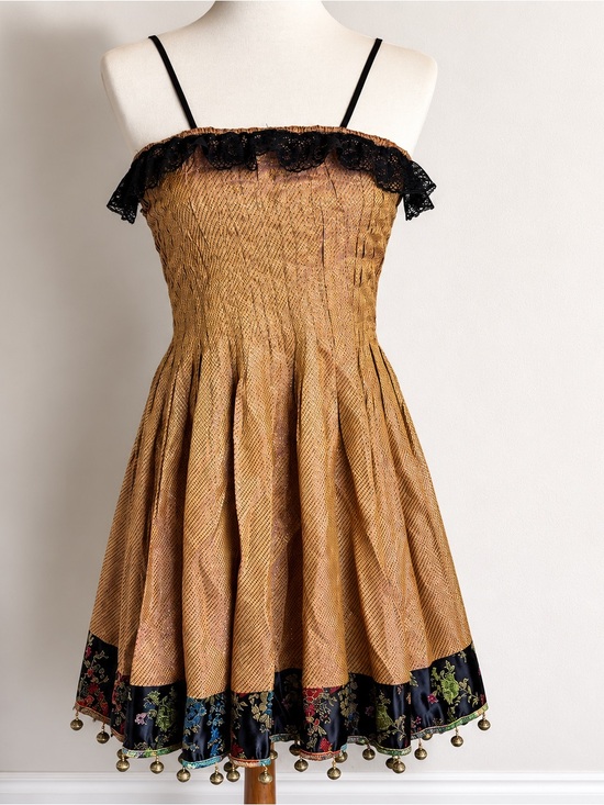 Vintage Dresses & Skirts - Handmade Boho Mini Dress Brown Black Lace Smocked Beaded Retro Festival Medium